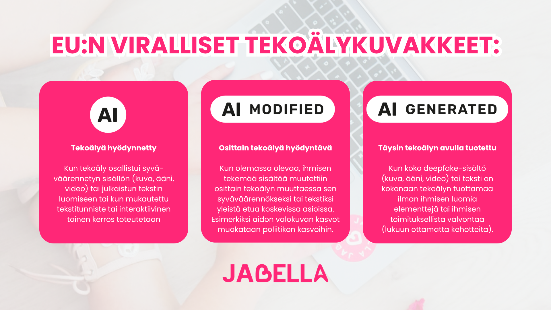 Vaaleanpunaiset kortit ja teksti “EU: N viralliset tekoälykuvaukset” sekä AI modified ja AI generated -selitteet.